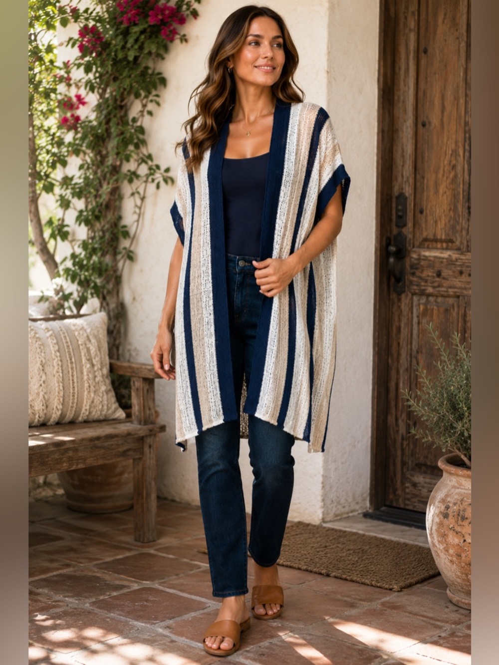 Ann Taylor Striped Open-Knit Kimono Sweater in Navy, Cream, Tan One Size NWT - Picture 2 of 13